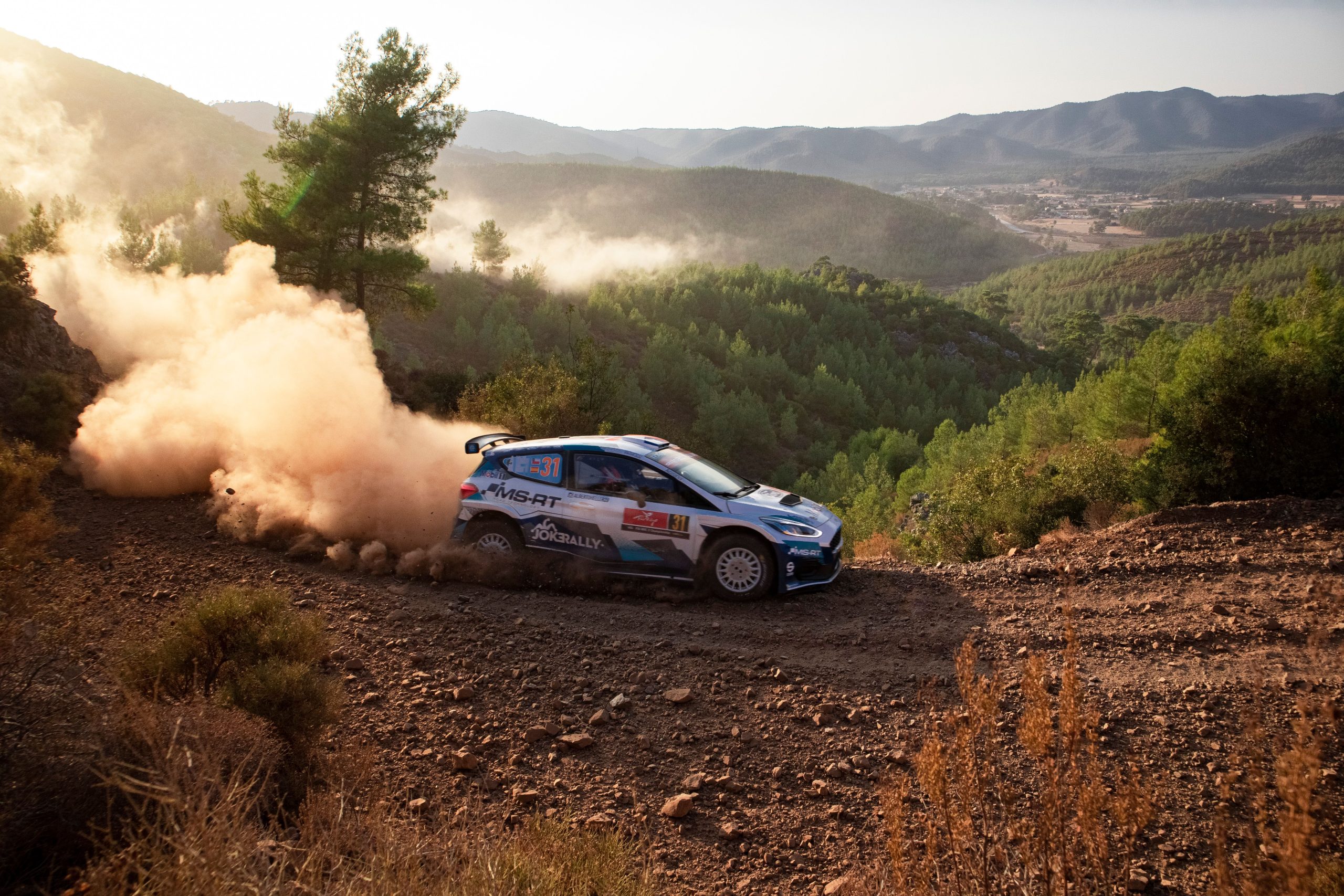 Voiture rallye virages terrain montagneux verdoyant